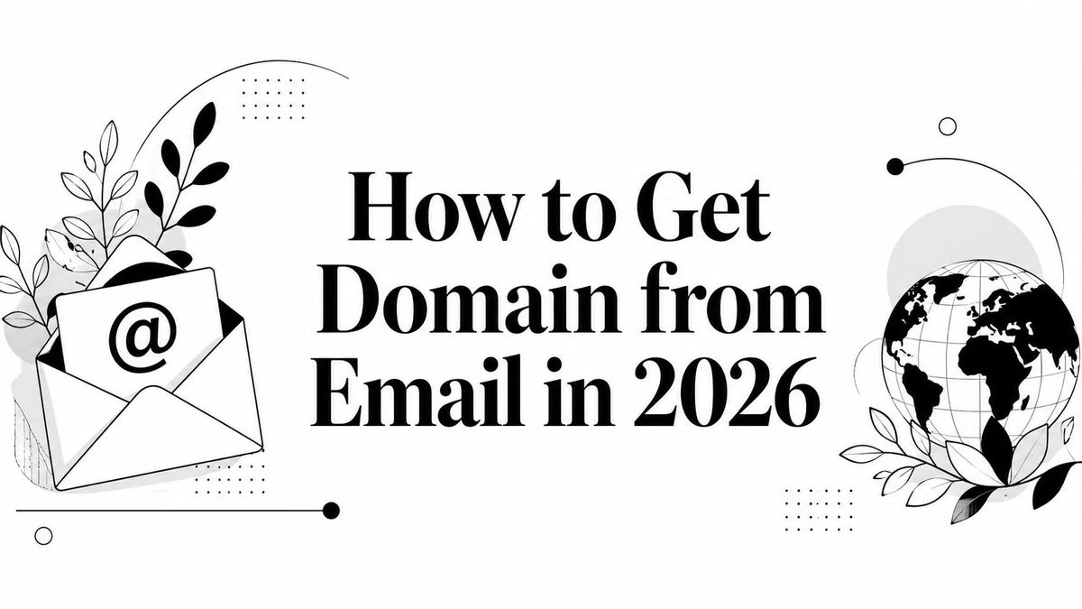 Titelkaart met de tekst ‘How to Get Domain from Email in 2026’, met een @-envelop en een wereldbol