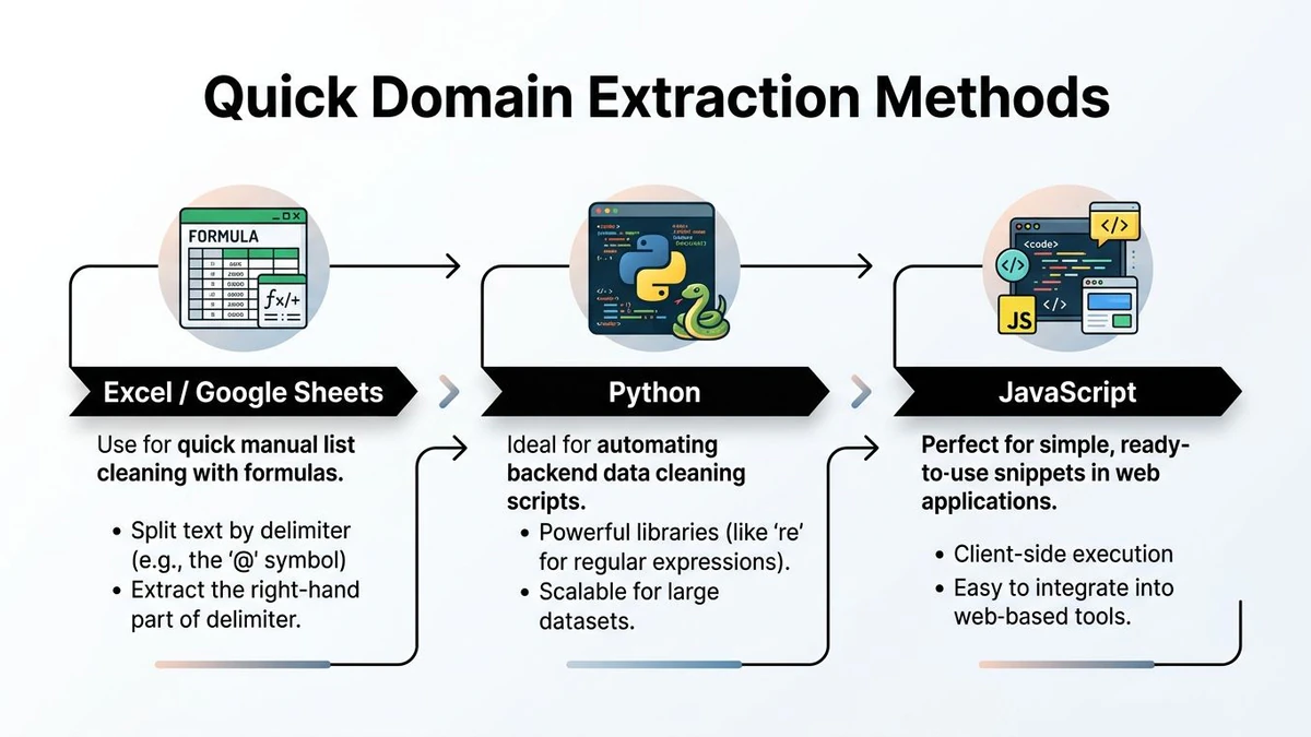 Excel, Python और JavaScript का उपयोग करके ईमेल से डोमेन निष्कर्षण के लिए तीन त्वरित विधियों को दर्शाने वाला आरेख।