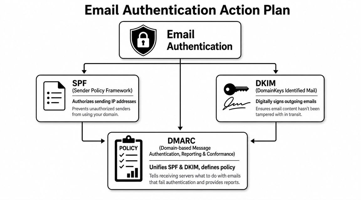 A diagram illustrating the email authentication action plan involving SPF, DKIM, and DMARC protocols.