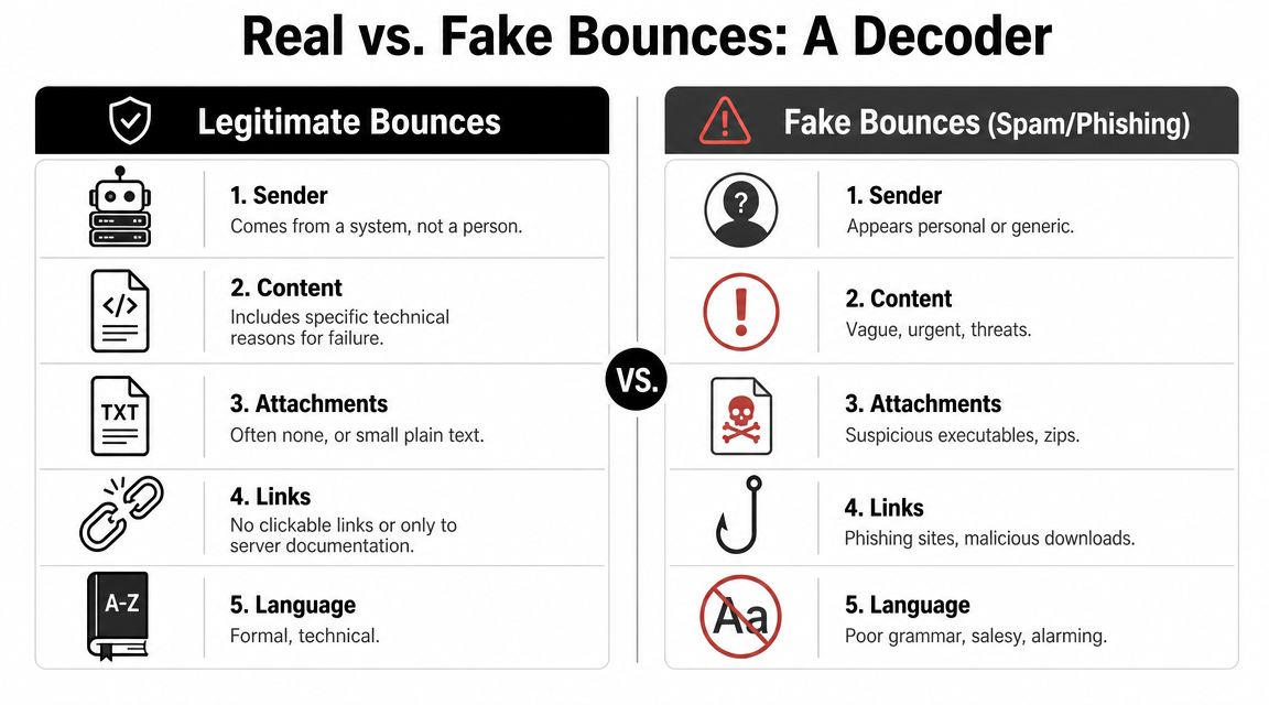 A comparison chart explaining the differences between legitimate email bounce notifications and fake spam or phishing messages.