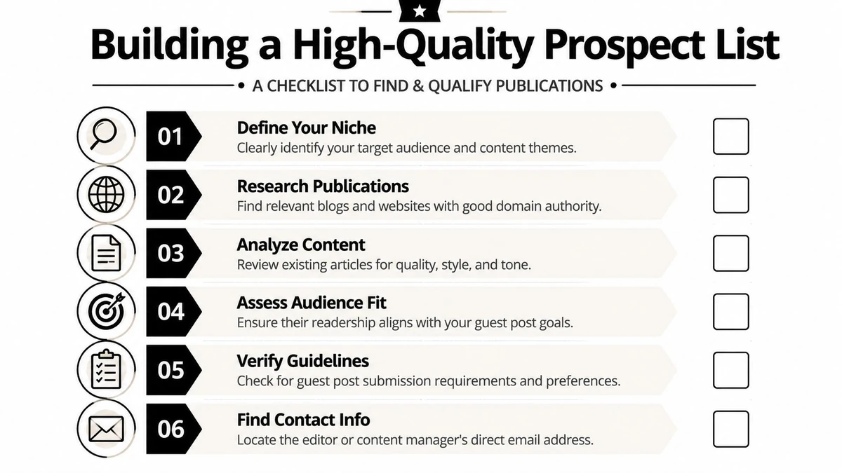 A checklist graphic for building a high-quality guest post prospect list with six actionable steps.