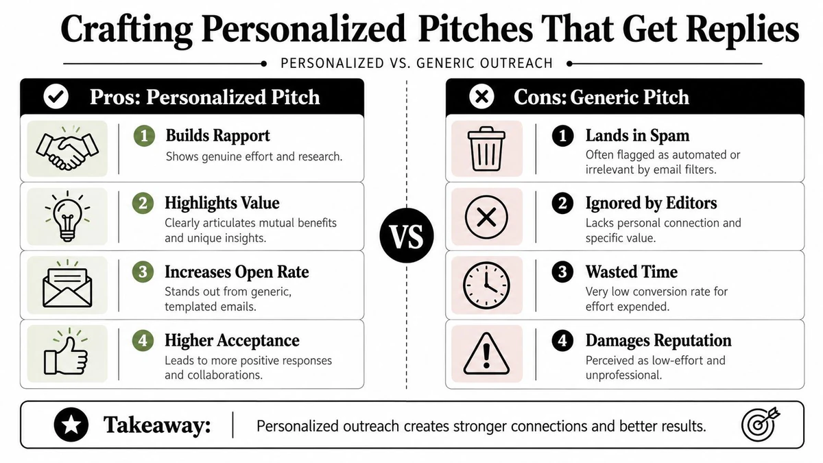 A comparison infographic showing the benefits of personalized email pitches versus the drawbacks of generic outreach.