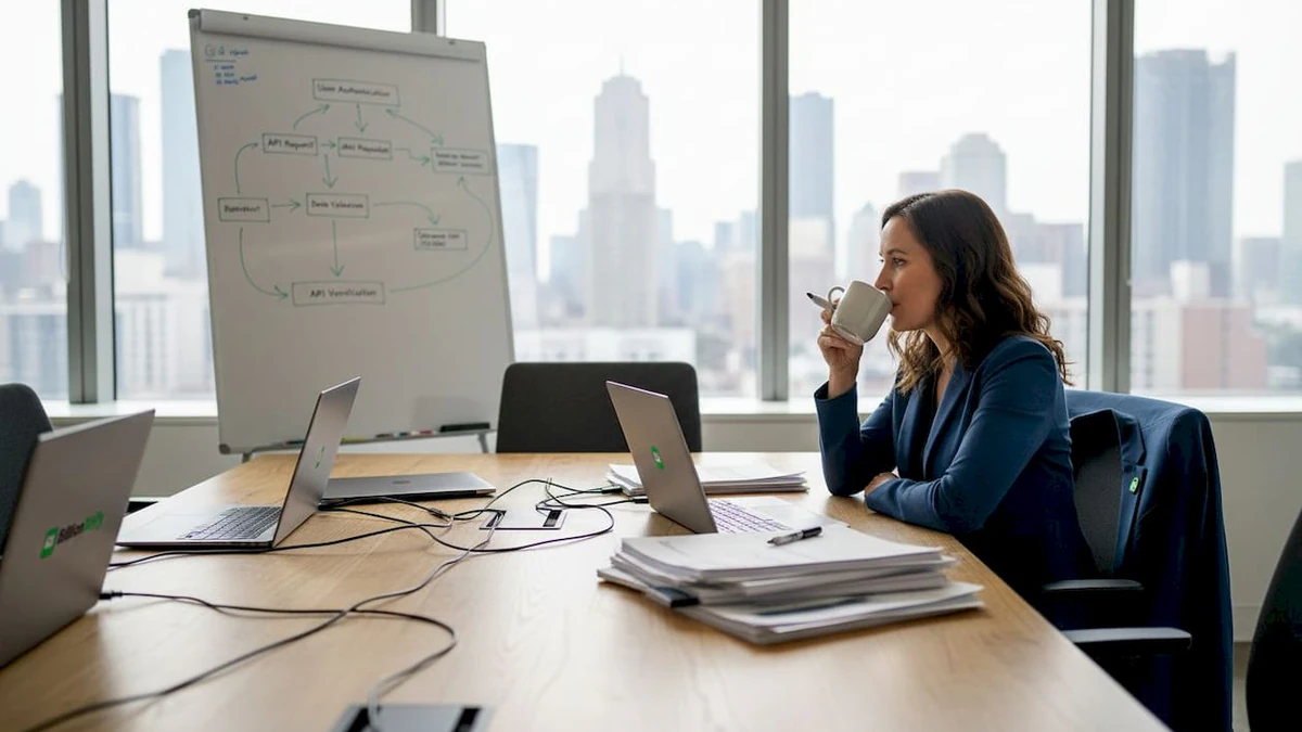 Woman sipping coffee at a meeting table with laptops beside a verification API flowchart on a whiteboard