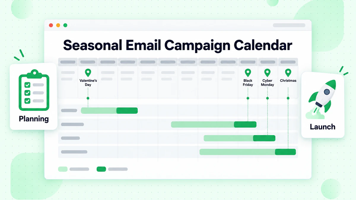 Seasonal email campaign calendar with Valentine's Day, Black Friday, Cyber Monday and Christmas sends