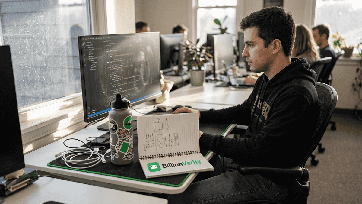Developer at a dual-monitor desk with code on screen and a BillionVerify notebook, building email verification