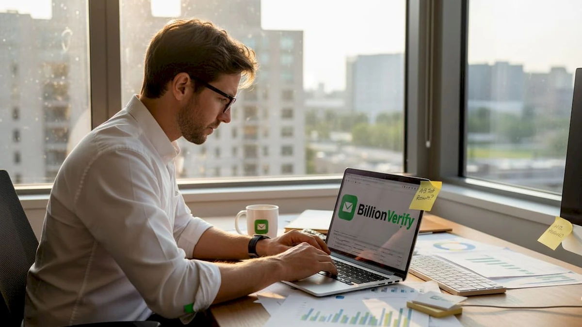 Man in glasses typing on a BillionVerify laptop by a window, reviewing email deliverability data