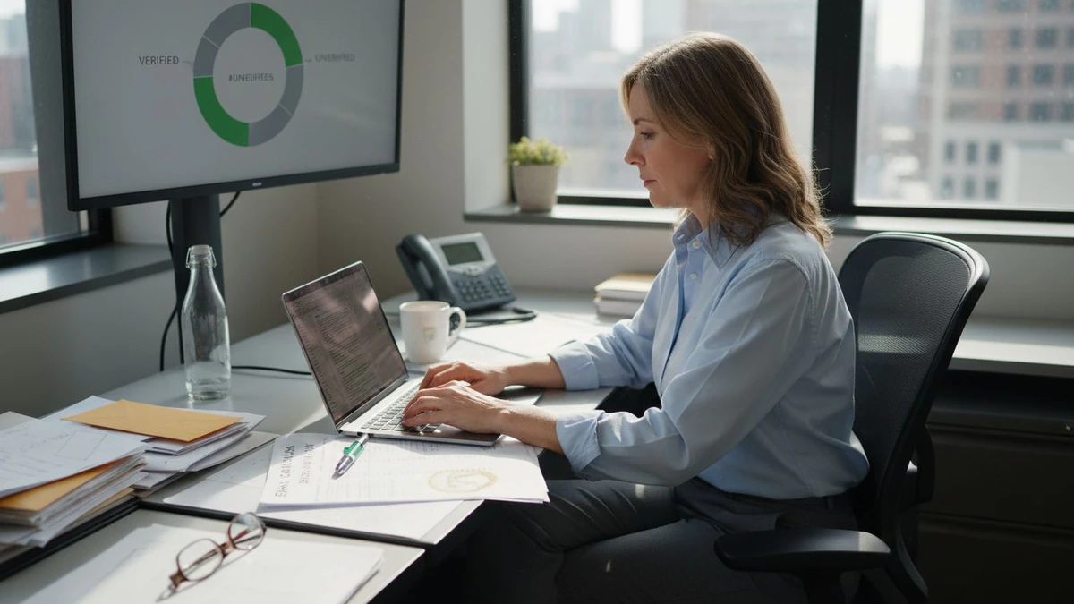 Woman at a window desk typing on a laptop below a verification results chart, showing how email verification works