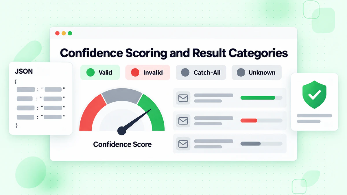 Confidence scoring and result categories: valid, invalid, catch-all and unknown with a score gauge