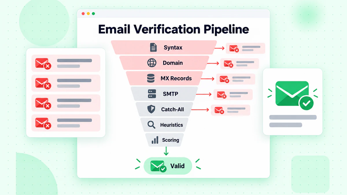 Email verification pipeline funnel: syntax, domain, MX, SMTP, catch-all, heuristics and scoring stages