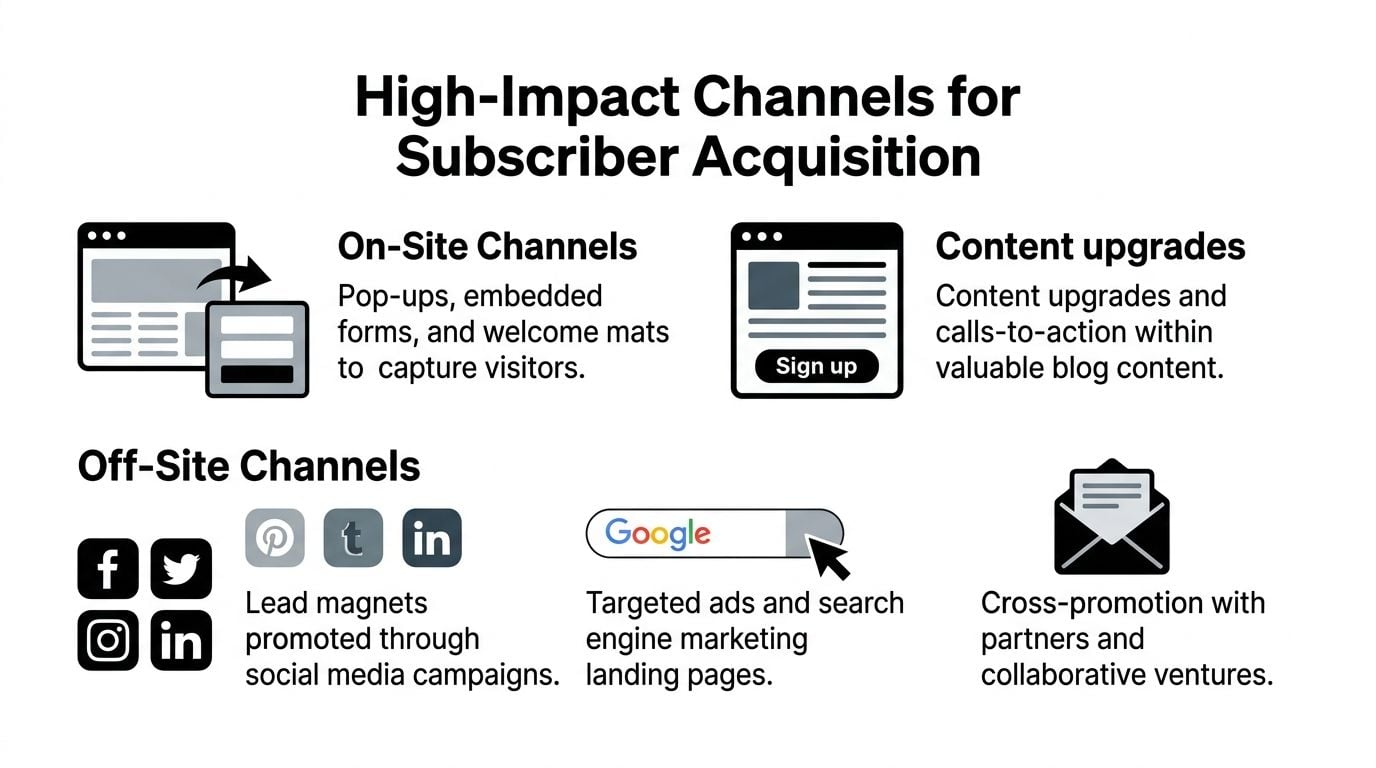 A marketing infographic illustrating on-site and off-site channels for building an email subscriber list effectively.