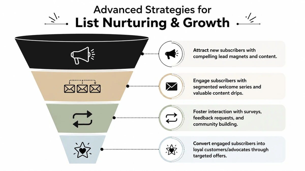A marketing funnel infographic illustrating four stages of advanced list nurturing and email subscriber growth strategies.