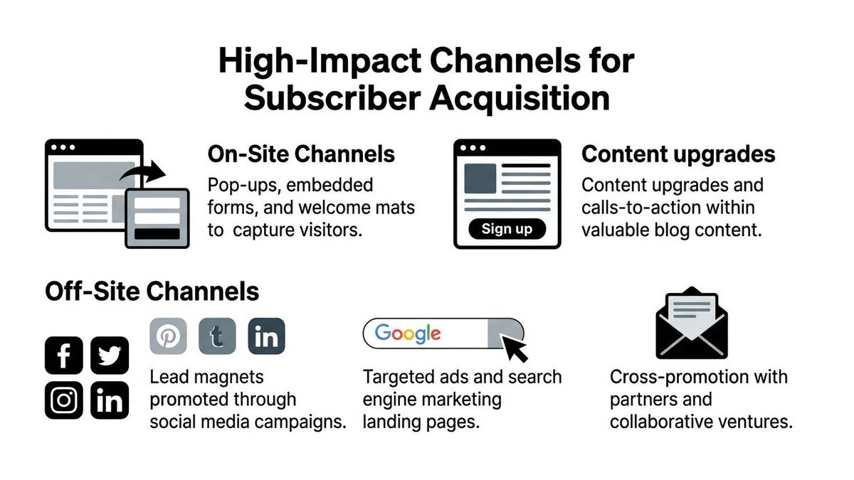 A marketing infographic illustrating on-site and off-site channels for building an email subscriber list effectively.