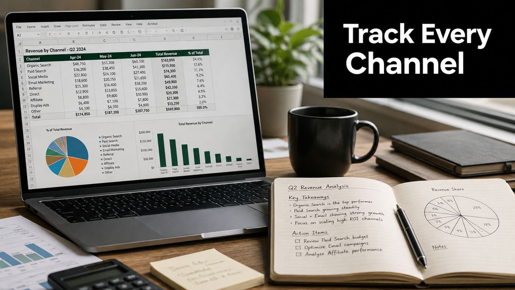 A laptop displaying revenue spreadsheets and charts next to a notebook with handwritten Q2 revenue analysis notes.