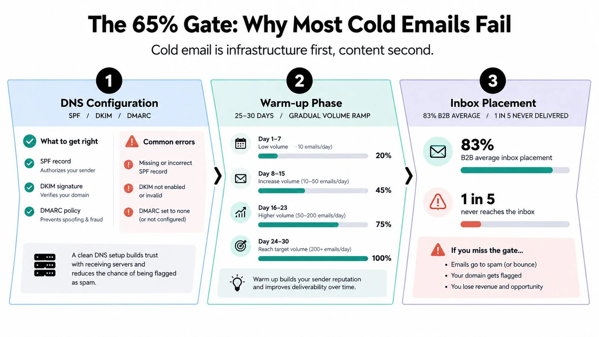 An infographic titled The 65% Gate explaining the three essential steps for successful cold email deliverability.