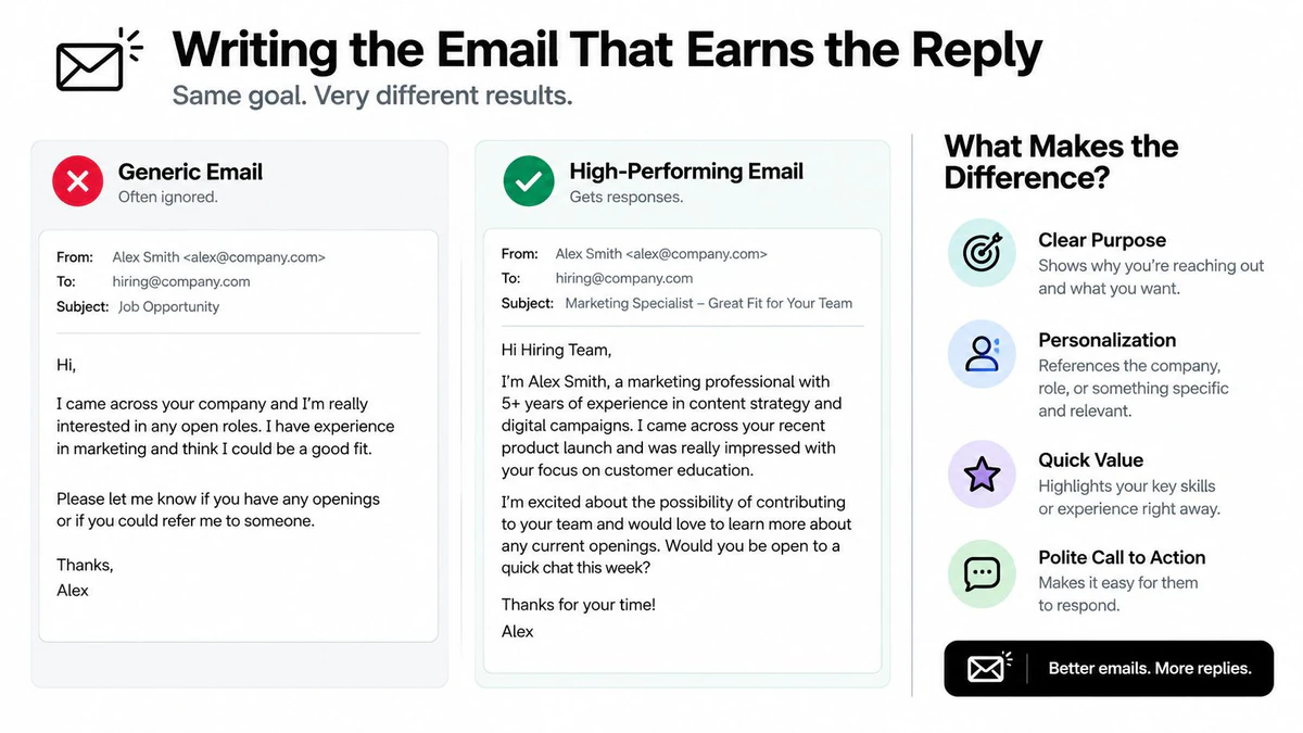 An infographic comparing a poor generic job application email with a high-performing, personalized professional networking email.