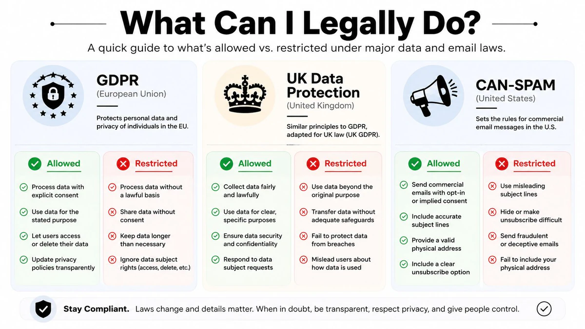 An infographic comparing GDPR, UK Data Protection, and CAN-SPAM laws detailing allowed and restricted practices for businesses.
