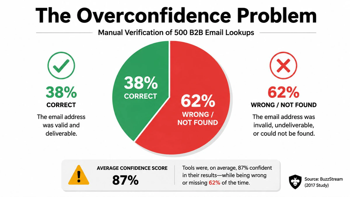 A pie chart showing that 62% of B2B email lookups are wrong, despite an 87% average confidence score.