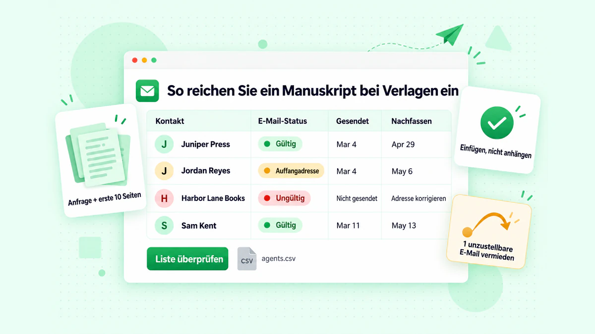 So reichen Sie ein Manuskript bei Verlagen ein: ein Einreichungs-Tracker mit verifizierten E-Mail-Adressen, Status und Follow-up-Daten