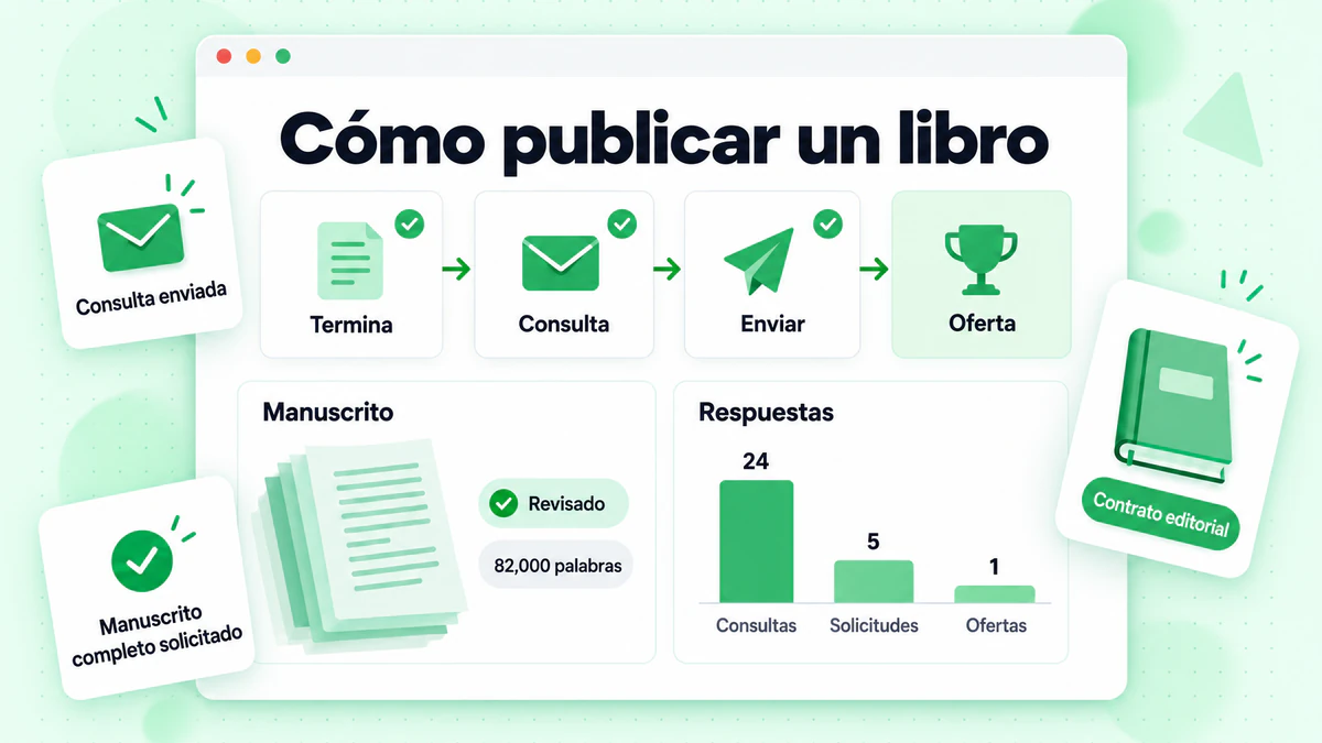 Infografía sobre cómo publicar un libro, con manuscrito, consultas, respuestas y contrato editorial