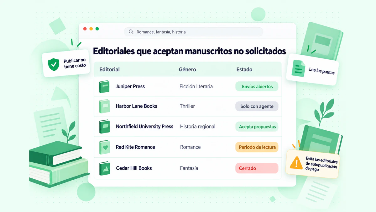 Editoriales que aceptan manuscritos no solicitados: una lista de editoriales marcadas como envíos abiertos, solo con agente o cerradas