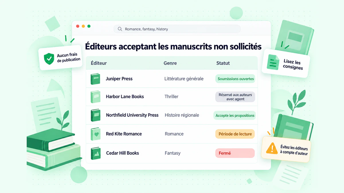 Éditeurs acceptant les manuscrits non sollicités : une liste de maisons indiquées comme acceptant les soumissions, réservées aux auteurs avec agent ou fermées