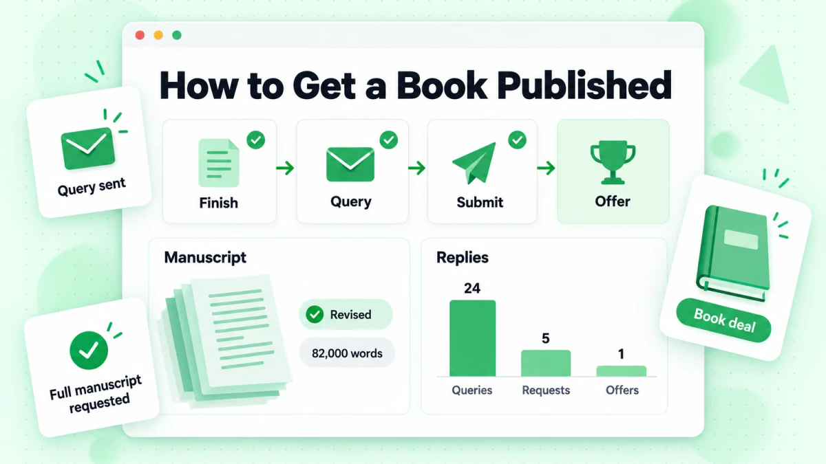 Infographic showing how to get a book published, with manuscript, queries, replies, and a book deal