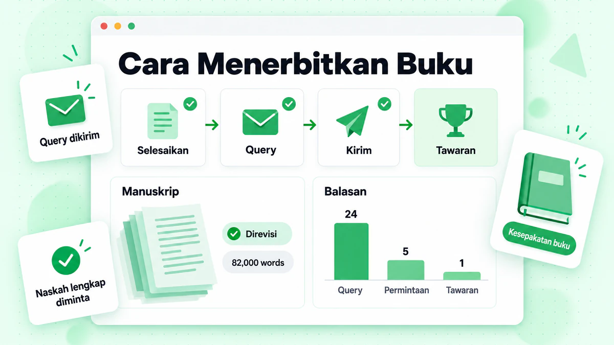 Infografik tentang cara menerbitkan buku, dengan naskah, pengajuan, balasan, dan kesepakatan penerbitan buku