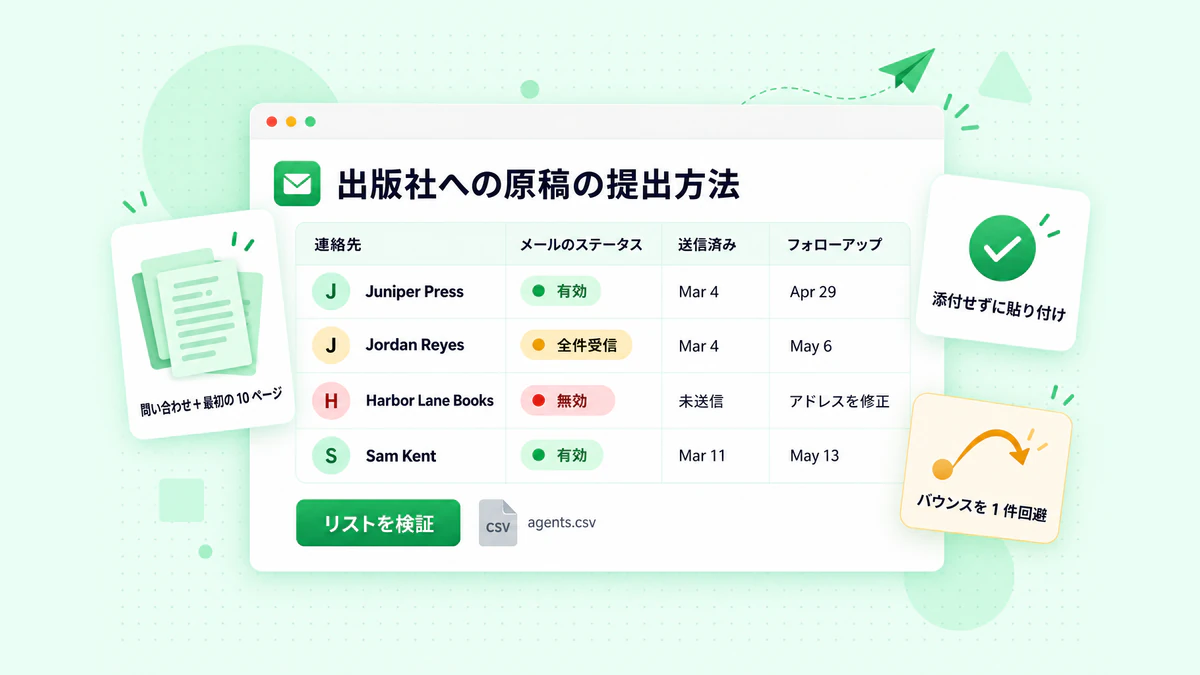 出版社への原稿の提出方法：検証済みのメールアドレス、ステータス、フォローアップ日を記録した投稿管理表