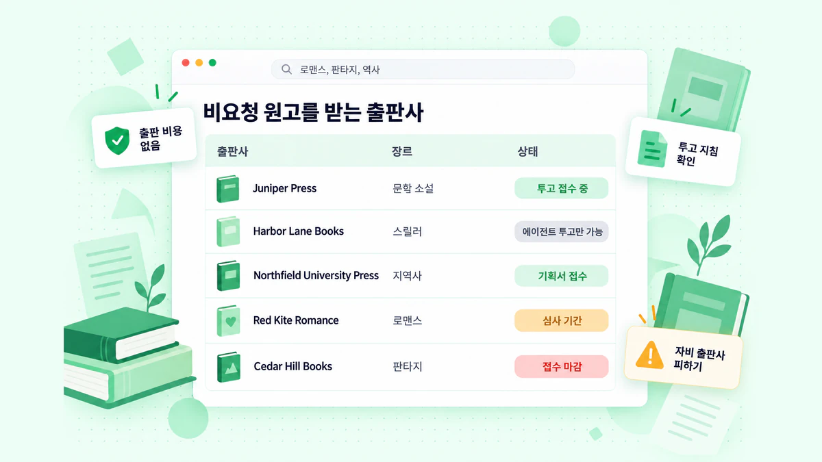 비요청 원고를 받는 출판사: 투고 접수 중, 에이전트 투고만 가능 또는 접수 마감으로 표시된 출판사 목록
