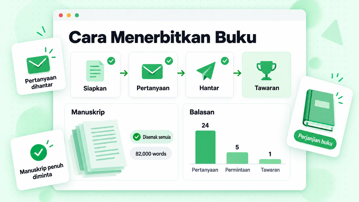 Cara menerbitkan buku ditunjukkan sebagai laluan daripada manuskrip siap kepada ejen, editor dan perjanjian buku