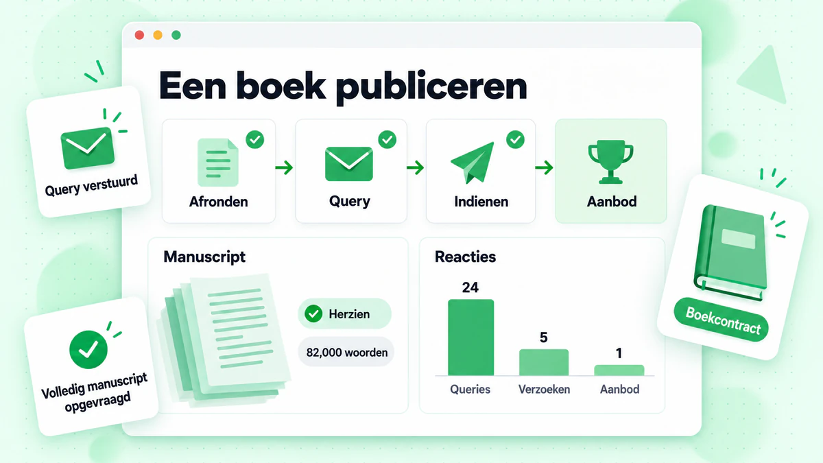 Infographic over hoe je een boek gepubliceerd krijgt, met manuscript, voorstellen, reacties en een uitgeefcontract