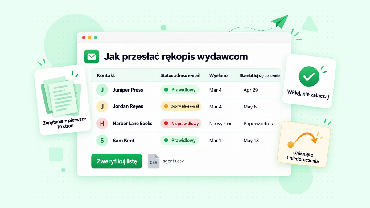 Jak przesłać rękopis wydawcom: tracker zgłoszeń ze zweryfikowanymi adresami e-mail, statusem i datami kontaktu uzupełniającego