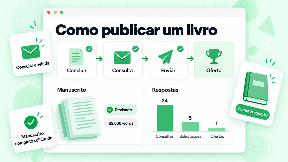 Infográfico mostrando como publicar um livro, com manuscrito, consultas, respostas e um contrato de publicação