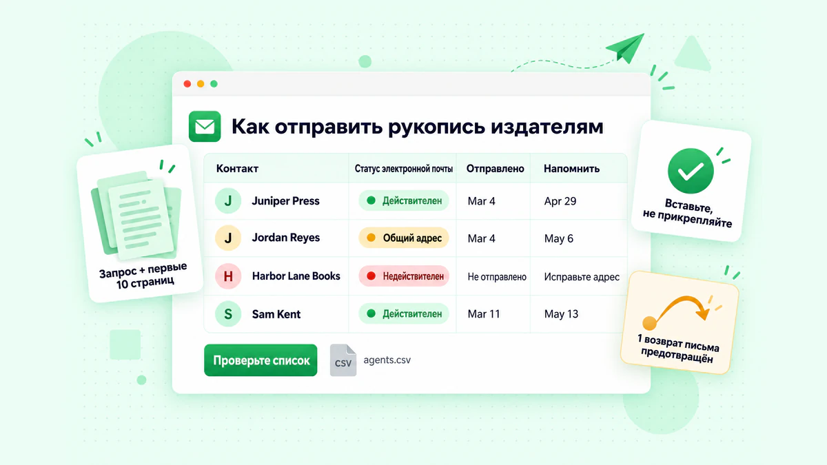 Как отправить рукопись издателям: трекер отправок с проверенными адресами электронной почты, статусами и датами последующих обращений