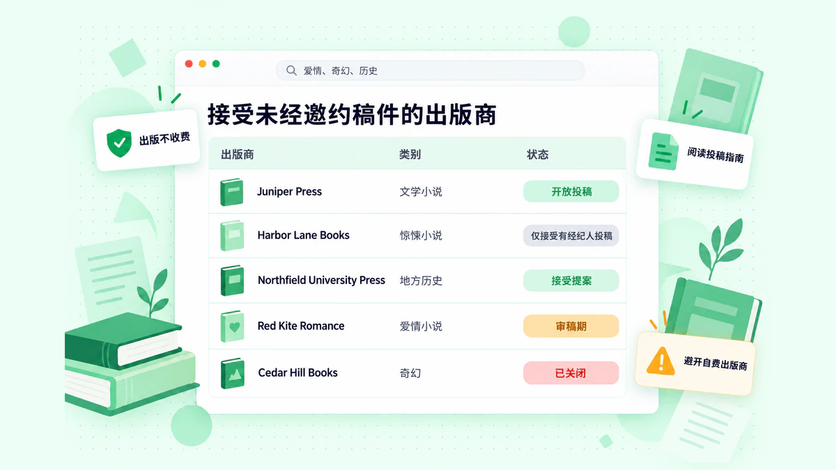 接受未经邀约稿件的出版商:列出标记为开放投稿、仅接受有经纪人投稿或关闭投稿的出版社