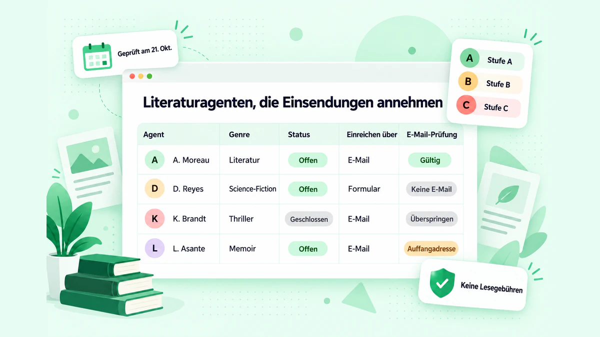 Literaturagenten, die Einsendungen annehmen: eine Tabelle mit Agenten, Genre, offenem Status, Einsendemethode und E-Mail-Prüfung