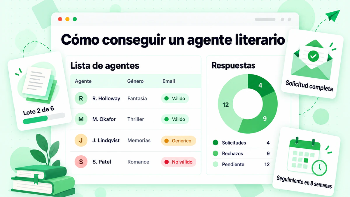 Cómo conseguir un agente literario: un panel de planificación de consultas con una lista de agentes, estados de correo electrónico verificados y seguimiento de respuestas