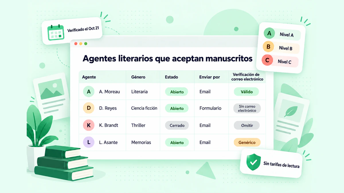 Agentes literarios que aceptan manuscritos: una tabla de agentes con género, estado de recepción, método de envío y verificación de correo electrónico