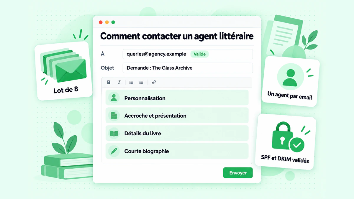 Comment contacter un agent littéraire : un email de demande envoyé à une adresse d'agence vérifiée, à raison d'un agent par email dans un petit lot