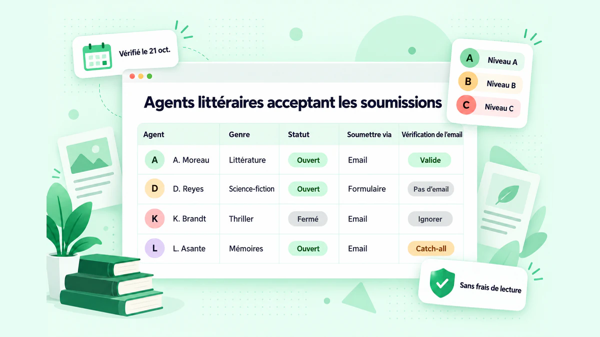Agents littéraires acceptant les soumissions : tableau d’agents avec genre, statut ouvert, méthode de soumission et vérification d’email