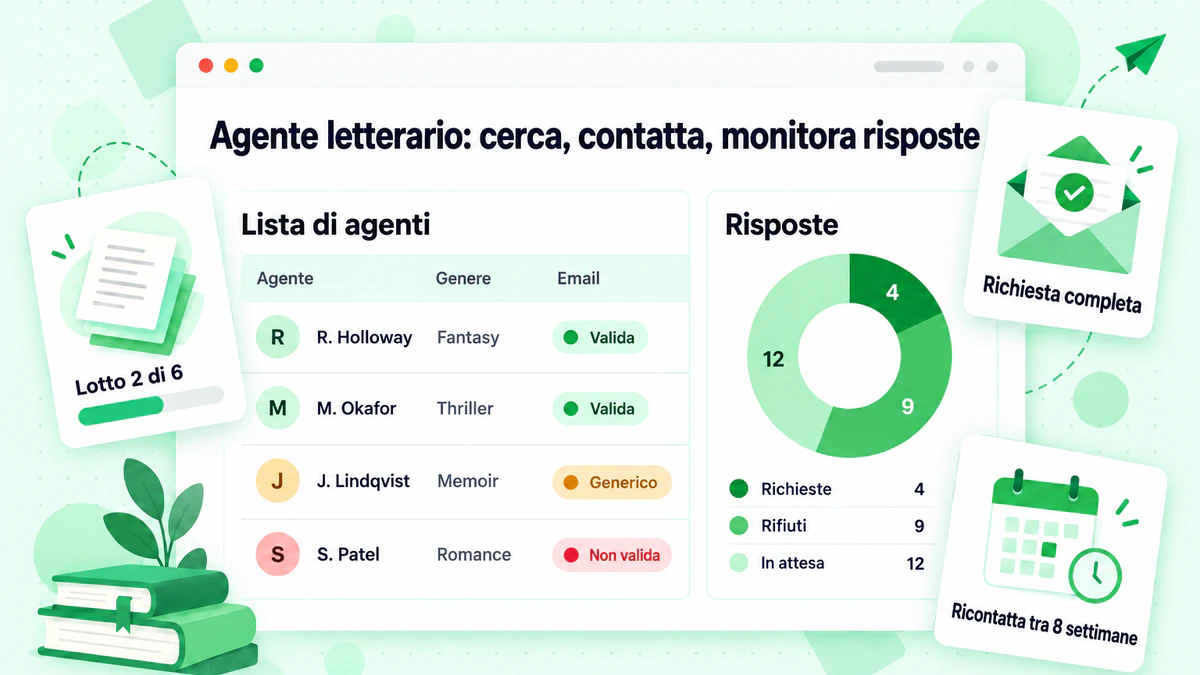 guida su come trovare un agente letterario con elenco di agenti e dashboard per monitorare le risposte
