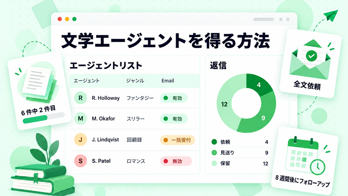 文学エージェントを獲得する方法:エージェントリスト、確認済みメールのステータス、返信追跡機能を備えた問い合わせ計画ダッシュボード