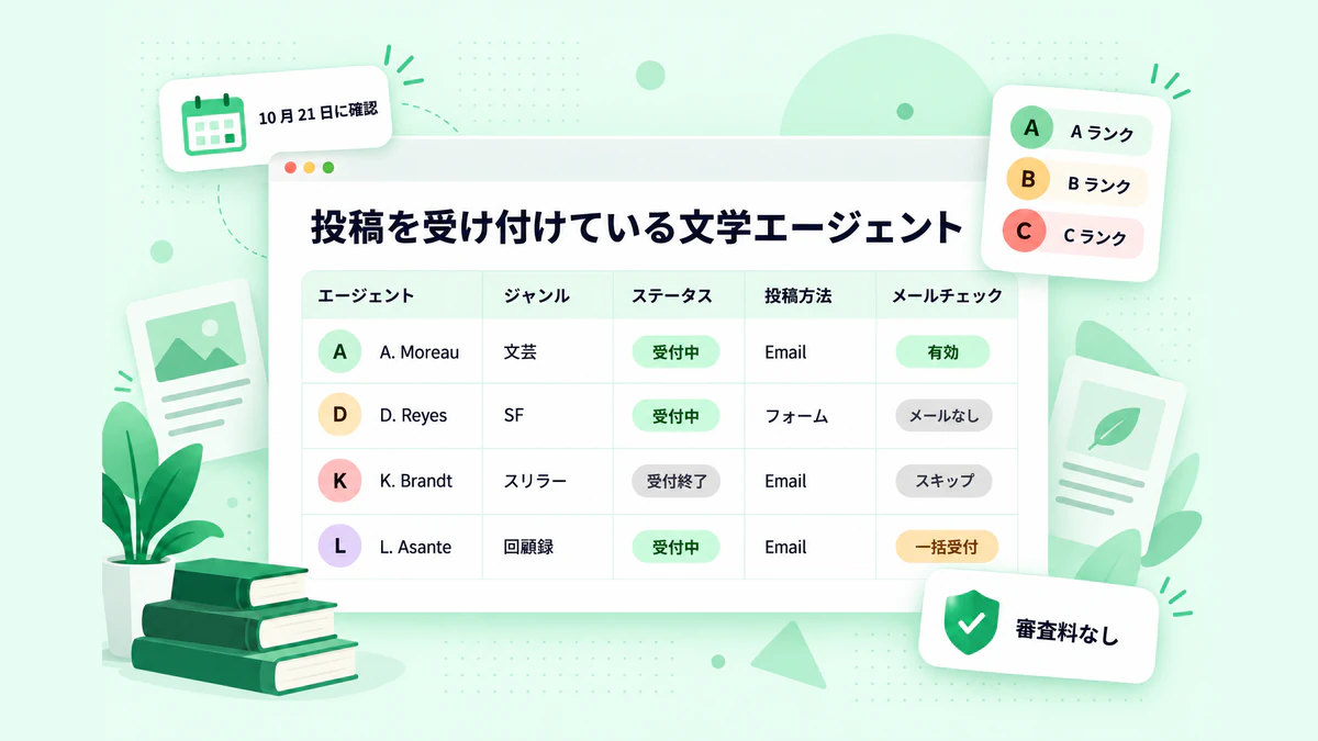 投稿を受け付けている文学エージェント:ジャンル、受付状況、投稿方法、メールチェックをまとめたエージェント一覧表