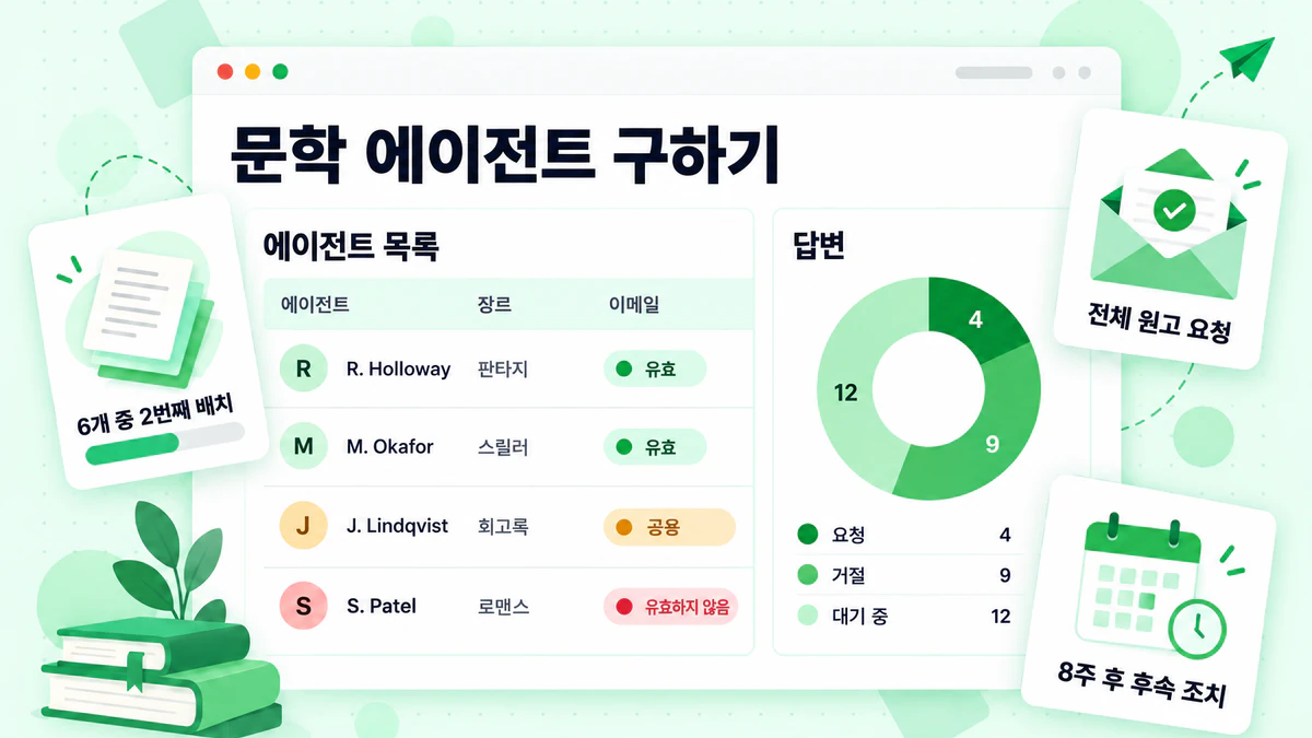 문학 에이전트를 구하는 방법: 에이전트 목록, 확인된 이메일 상태, 답변 추적 기능이 있는 문의 계획 대시보드