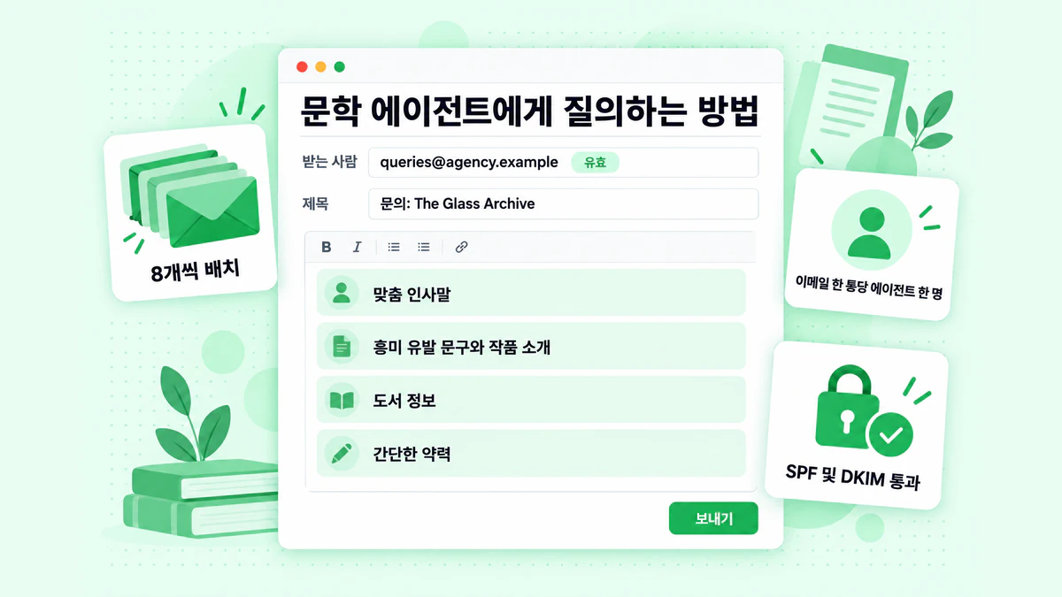 문학 에이전트에게 문의하는 방법: 인증된 에이전시 주소로 보낸 문의 이메일을 소규모 배치로 에이전트 한 명당 하나씩 전송