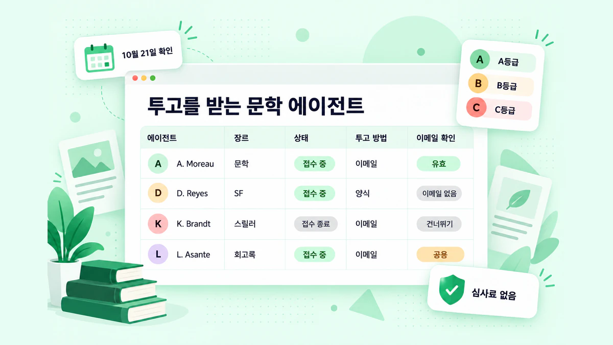 투고를 받는 문학 에이전트: 장르, 접수 상태, 투고 방법 및 이메일 확인 정보가 담긴 에이전트 표