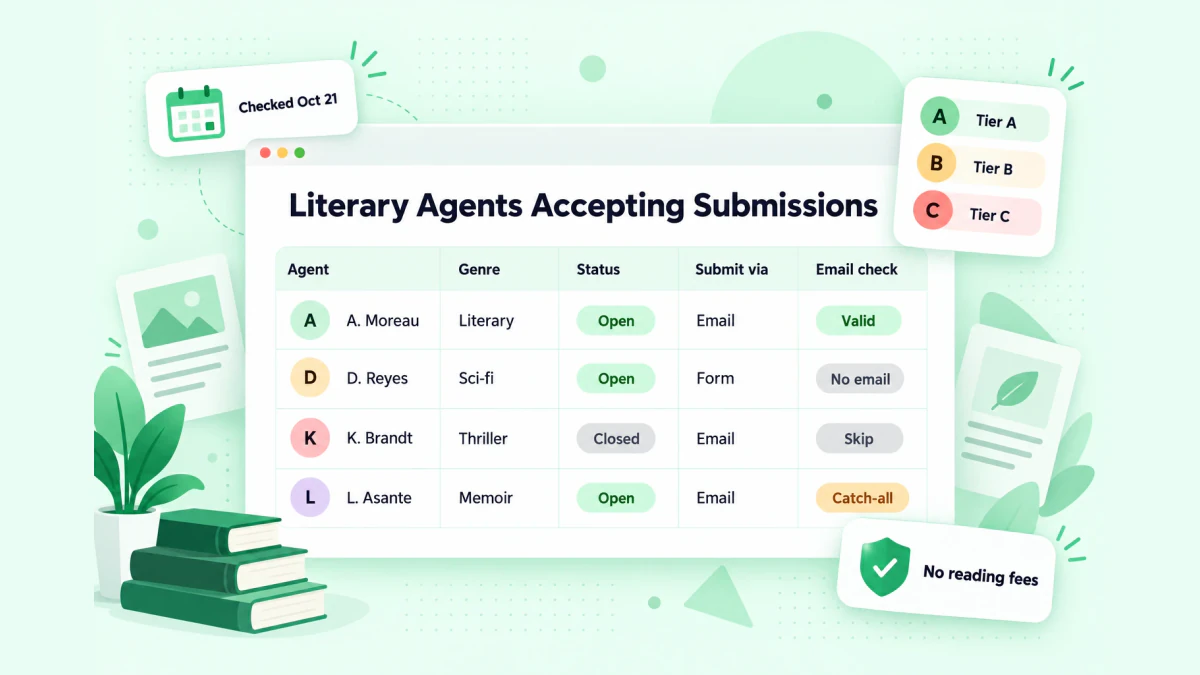Literary agents accepting submissions: a table of agents with genre, open status, submission method and email check