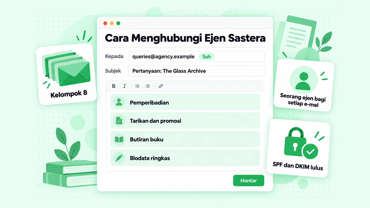Cara menghantar pertanyaan kepada ejen sastera: e-mel pertanyaan kepada alamat agensi yang telah disahkan, dihantar kepada seorang ejen bagi setiap e-mel dalam kelompok kecil