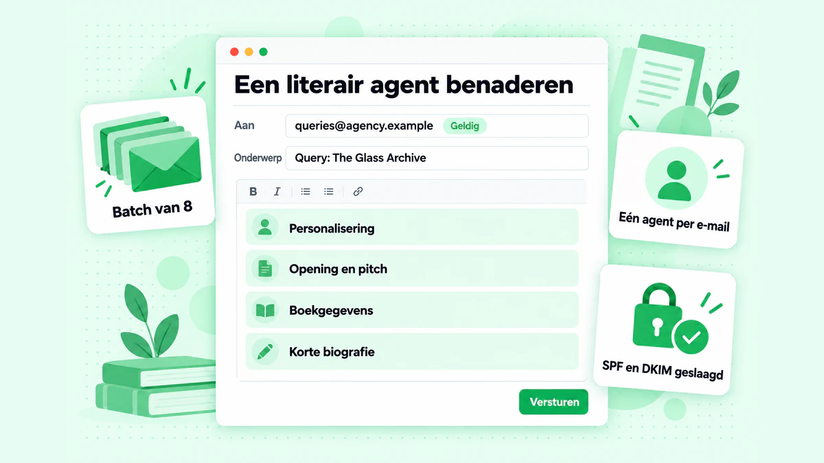 Hoe je een literair agent benadert: een query-e-mail naar een geverifieerd bureauadres, ƩƩn agent per e-mail verzonden in een kleine batch