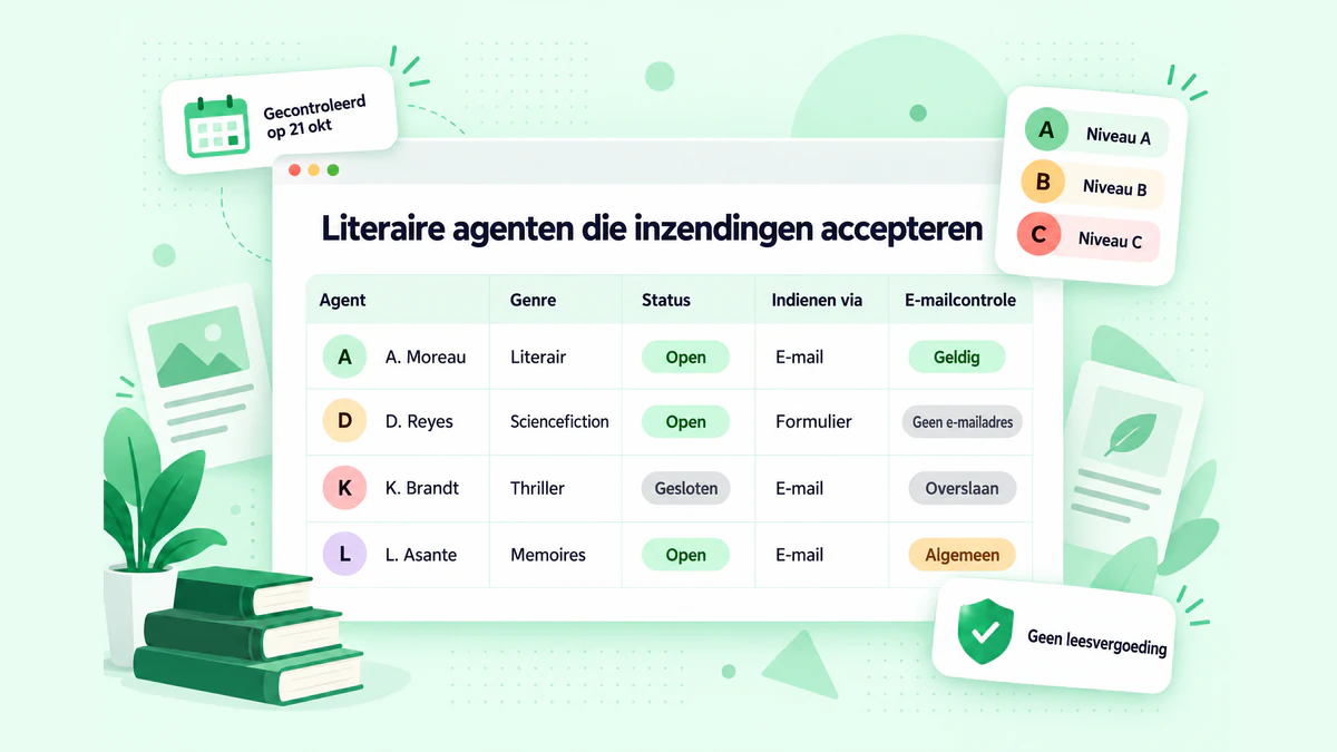 Literaire agenten die inzendingen accepteren: een tabel met agenten, genre, open status, inzendmethode en e-mailcontrole